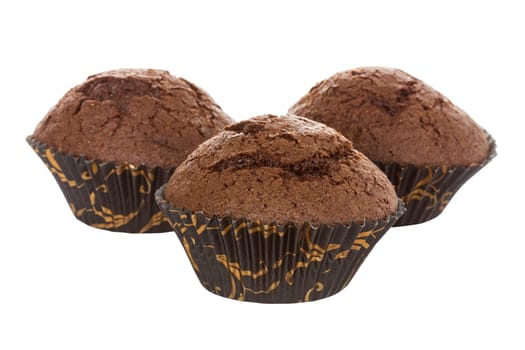 Three chocolate muffins isolated on white background