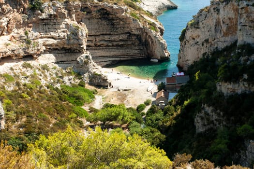 Scenic landscape about Stiniva bay in vis island