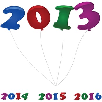 Glossy illustration showing colorful number shaped balloons for the new year in 2013, 2014, 2015 and 2016