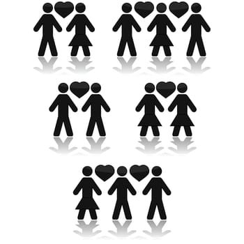 Icon set showing couples in love, or a love triangle, with both heterosexual and homosexual relationships