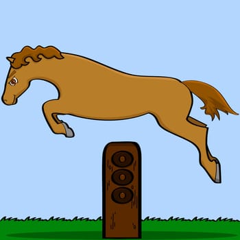 Cartoon illustration showing a horse jumping over an obstacle
