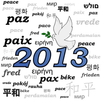 Concept illustration showing a peace dove over the year 2013 and the word peace written in different languages