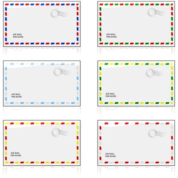 Glossy illustration showing old air mail envelopes with the colors for different countries