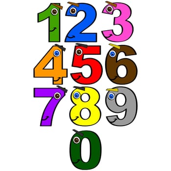 Collection of numbers from 0 to 9 with smiling faces and different colors, great for children learning to count