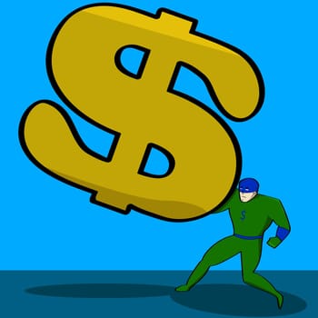 Cartoon illustration showing a superhero trying to hold off a giant dollar sign
