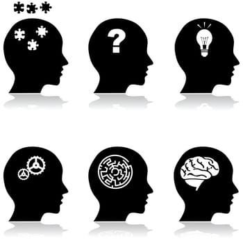 Icon illustrations showing a collection of heads with different thoughts