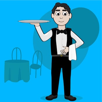 Cartoon illustration showing a waiter holding an empty tray