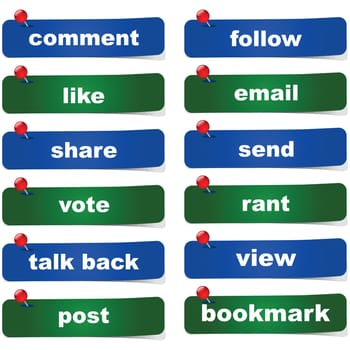 Collection of green and blue social media buttons with different calls to action