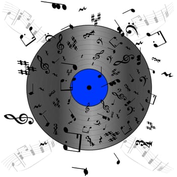 Concept illustration showing a vinyl record with music notes spread around and on top of it