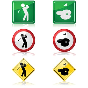 Traffic signs showing a person swinging a golf club and a hole in a golf course