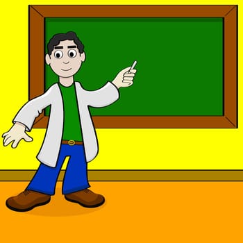 Cartoon illustration showing a teacher pointing at a blackboard with his piece of chalk