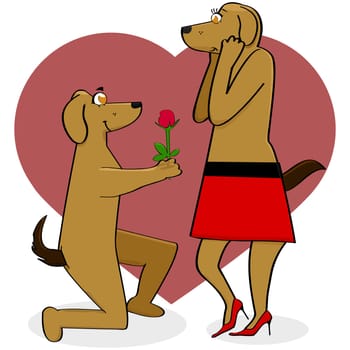 Cartoon illustration showing a male dog giving a rose to a female dog