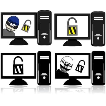 Icon set showing a computer with an open lock and another computer with a thief beside the open lock