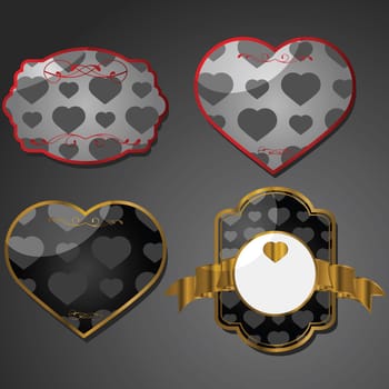 Set of four Valentine themed labels with hearts in the background