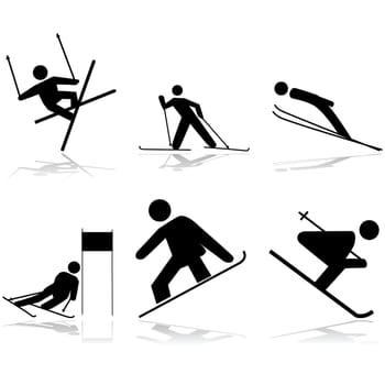 Icon illustrations showing different winter sports performed on snow surfaces