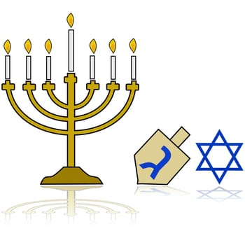 Cartoon illustration showing a Jewish Hanukkah Menorah, alongside a traditional spinning top and the star of David, reflected on a white background