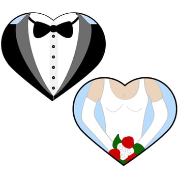 Concept illustration showing a bride and a groom inside hearts