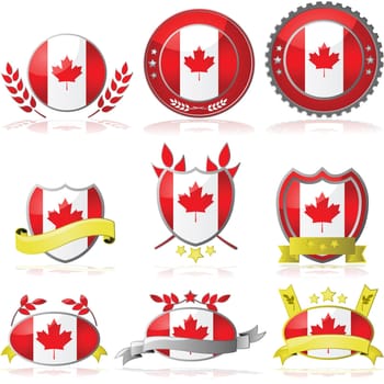 Illustration collection of glossy badges with the flag of Canada