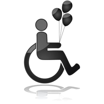 Icon illustration showing a child in a wheelchair holding balloons