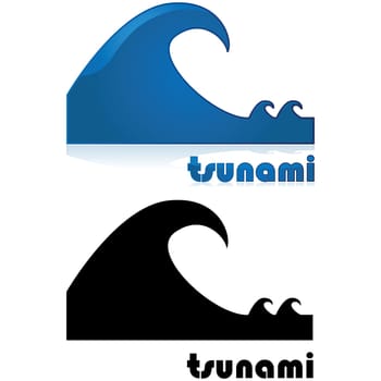 Icon showing a big wave after two smaller waves, with the word tsunami under it