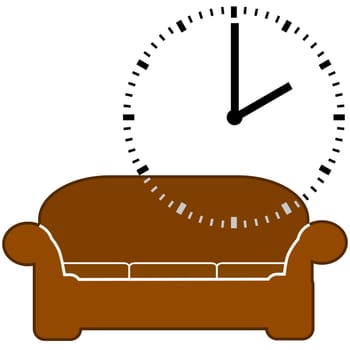 Concept illustration showing a couch and a dial clock displaying 2 o'clock, for nap time
