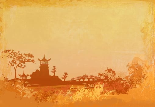 old paper with Asian Landscape , raster