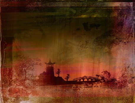 old paper with Asian Landscape , raster
