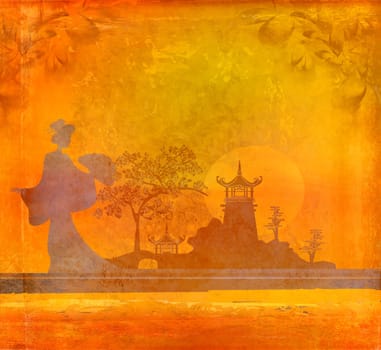 old paper with geisha and Asian Landscape , raster