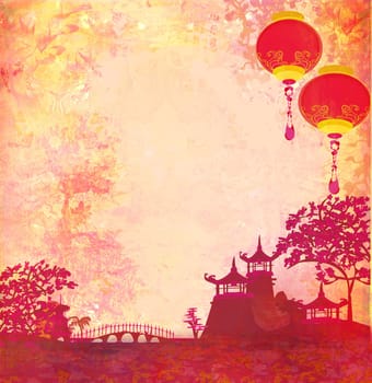 old paper with Asian Landscape and Chinese Lanterns - vintage japanese style