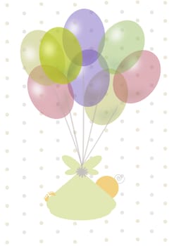 newborn that flies attached to the toy balloons