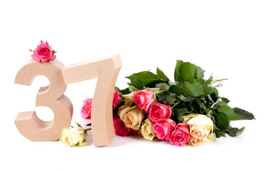 Number of age in a colorful studiosetting,surrounded with roses