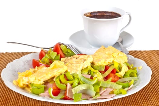Omelet with vegetables and coffee for breakfast