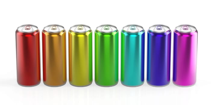 Rainbow colored cans on white shiny background
