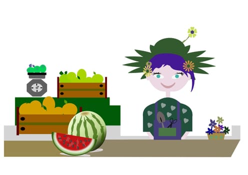 greengrocer in her shop of fruit to the market