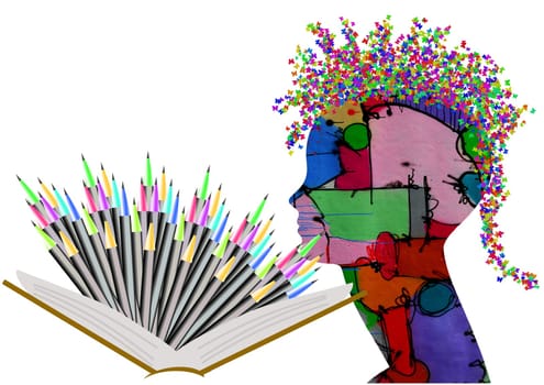 many colored pencils and a profile of woman