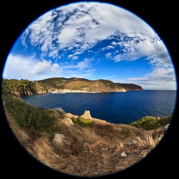fisheye lens image of Capraia Island, Tuscan Archipelago, Italy