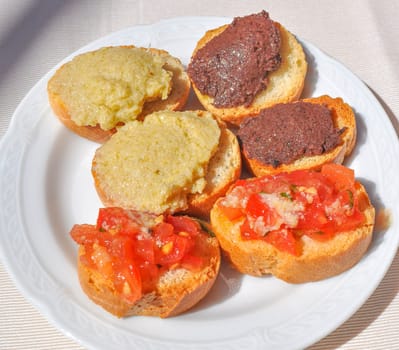 Traditional Italian bruschetta garlic bread with tomato top