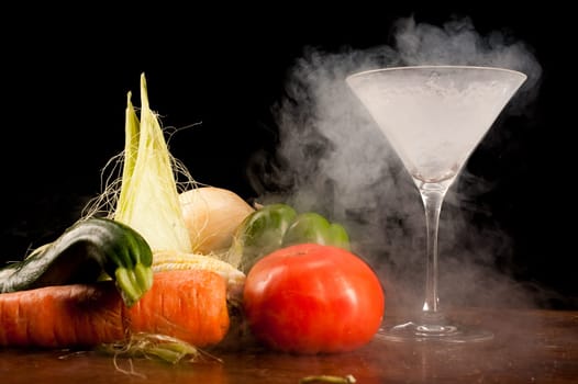 Still life of vegetables and liquid nitrogen