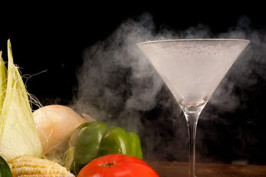 Still life of vegetables and liquid nitrogen