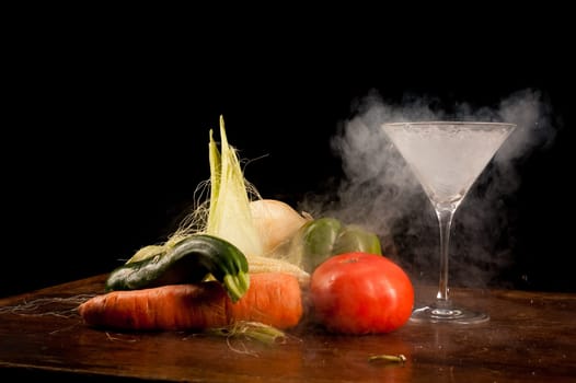 Still life of vegetables and liquid nitrogen