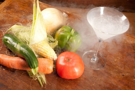 Still life of vegetables and liquid nitrogen