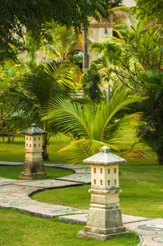 Curving traditional garden path in Bali, Indonesia