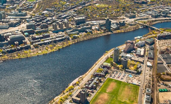 Aerial view of Boston University, Charles River, MIT's dorms