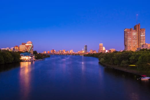 View of Boston, Cambridge, Harvard Boathouse, Charles River