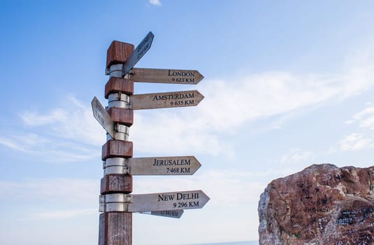 Signpost showing directions to cities, Cape Point