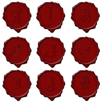 Complete alphabet letters on red wax seals