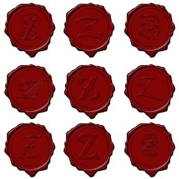 Complete alphabet letters on red wax seals
