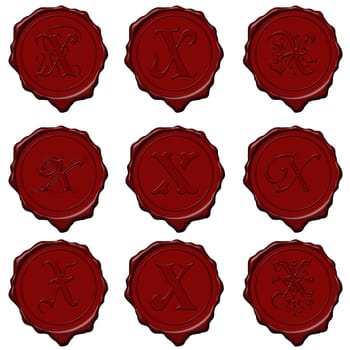 Complete alphabet letters on red wax seals