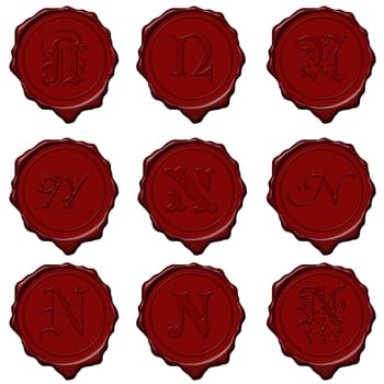 Complete alphabet letters on red wax seals