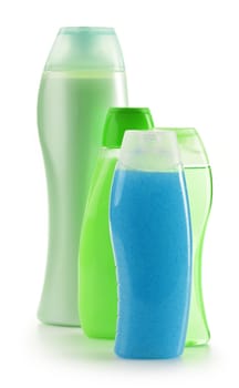 Composition with plastic bottles of body care and beauty products
